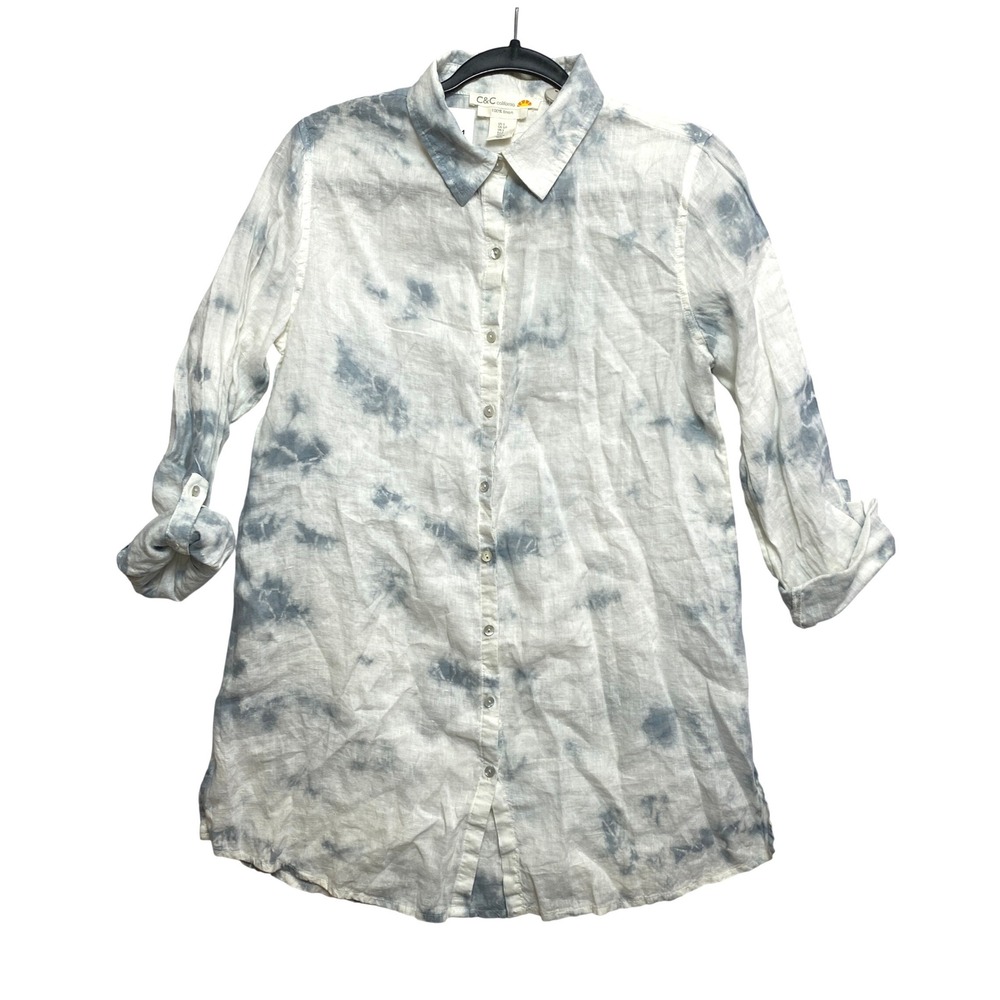 C&C California Shirt Womens S Blue White Roll Tab Tie Dye 100% Linen Button Down